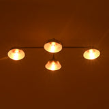Brass mid-century style 4-light flushmount chandelier with warm ambient lighting and elegant brushed brass shades.
