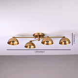 Modern brass 4-light bowl shade flushmount chandelier with adjustable arms in brushed brass finish, 29-inch wide ceiling light.