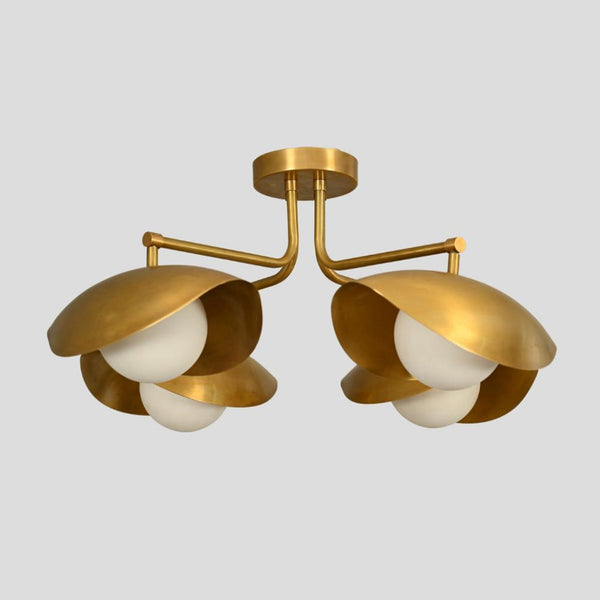 Handmade brass flushmount chandelier with three bowl-shaped shades, angled side view showcasing modern industrial design.