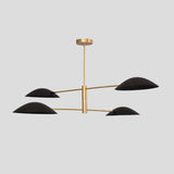Brass pendant chandelier with four matte black sculpted bowl shades, minimalist statement piece for stylish modern homes.