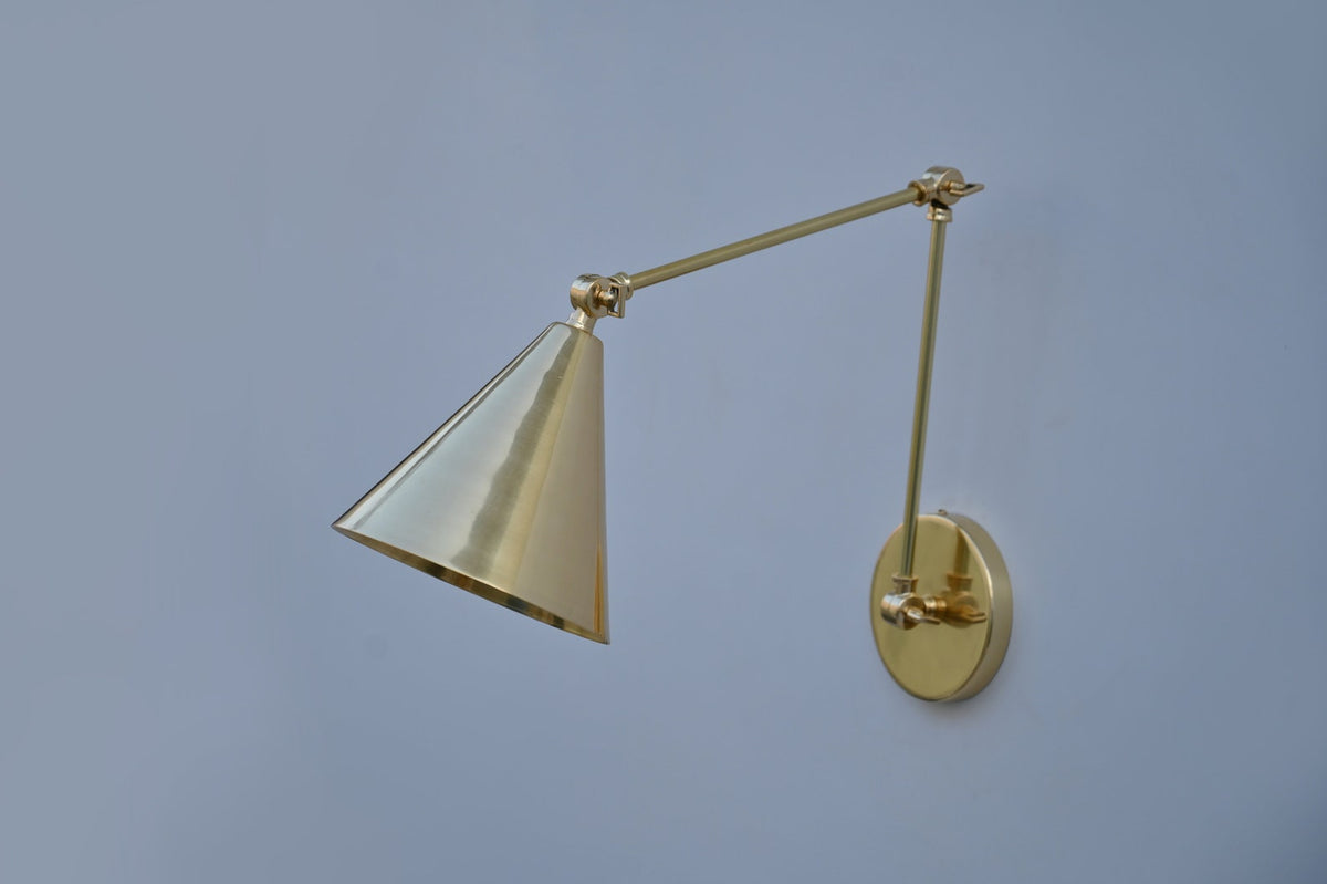 Brass adjustable arm wall sconce with cone shade, handmade minimalist design