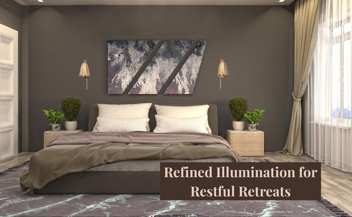 Brass bell wall sconces styled on either side of bed in a modern bedroom with soft ambient glow