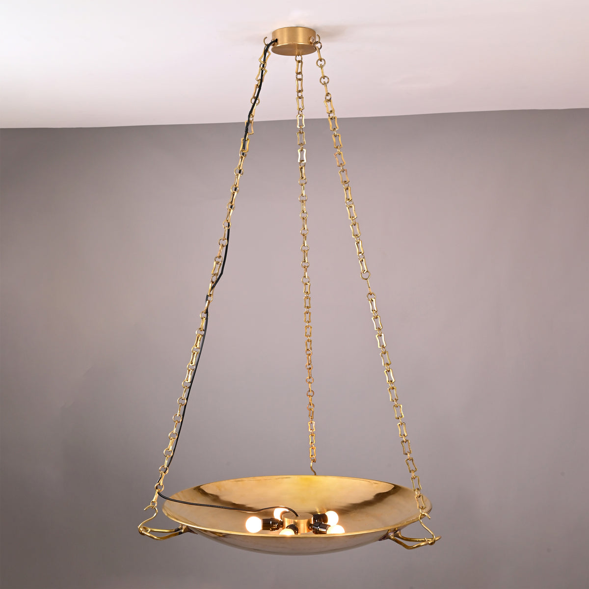 Brass bowl chandelier with 5 visible bulbs, chain suspension, and polished reflective finish