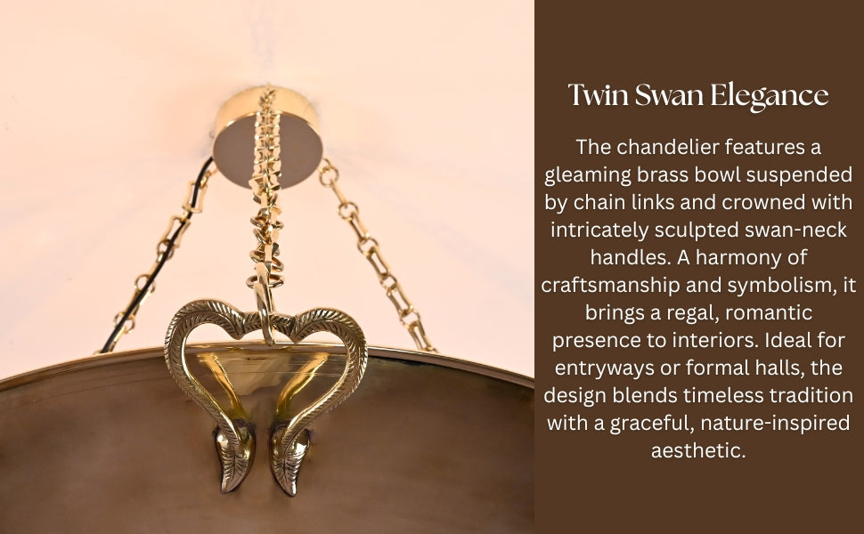 Side view of brass weighing scale style chandelier with curved bowl and decorative chains