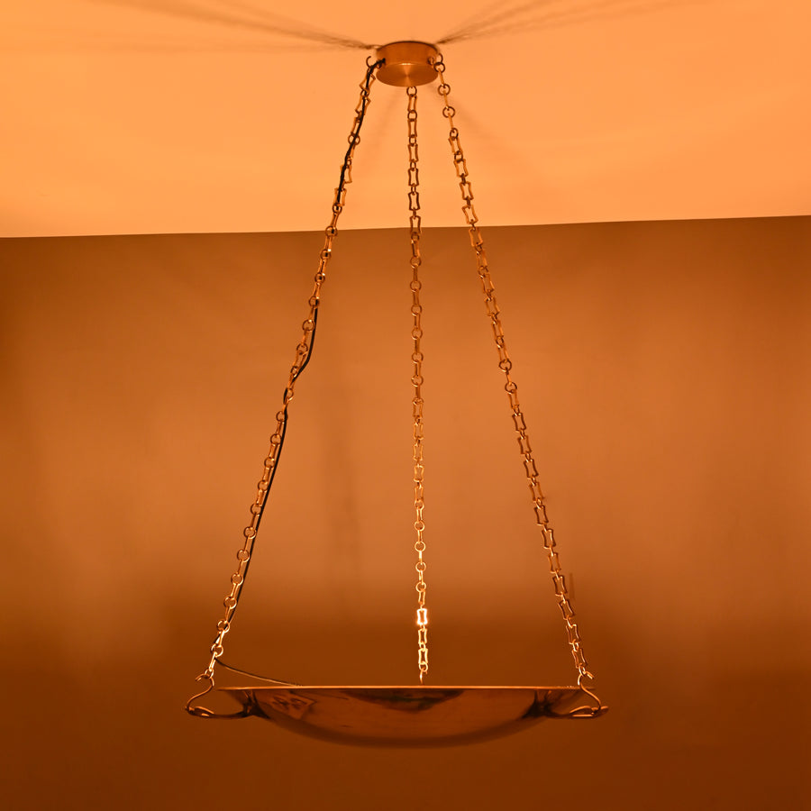 30-inch solid brass bowl chandelier with chain suspension, handcrafted by Brass Leaf Studio