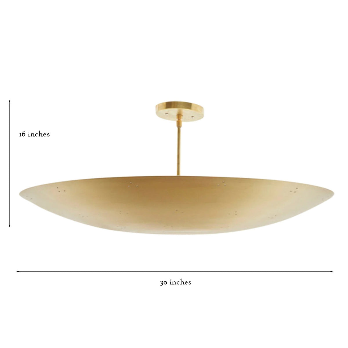 Brass bowl flushmount ceiling light showing 30-inch width and 16-inch height dimensions in brushed brass finish