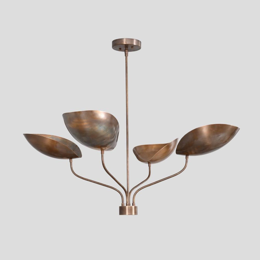 Handmade brass chandelier with four sculpted bowl-shaped shades, modern ceiling light by Brass Leaf Studio.