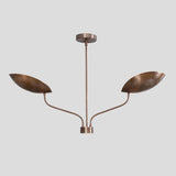 Handmade brass chandelier with two bowl-shaped shades, minimalist industrial ceiling light designed by Brass Leaf Studio