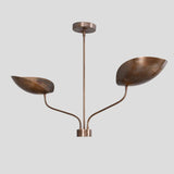 Solid brass 2-light chandelier with curved arms and brushed bowl shades, modern industrial ceiling lighting fixture.