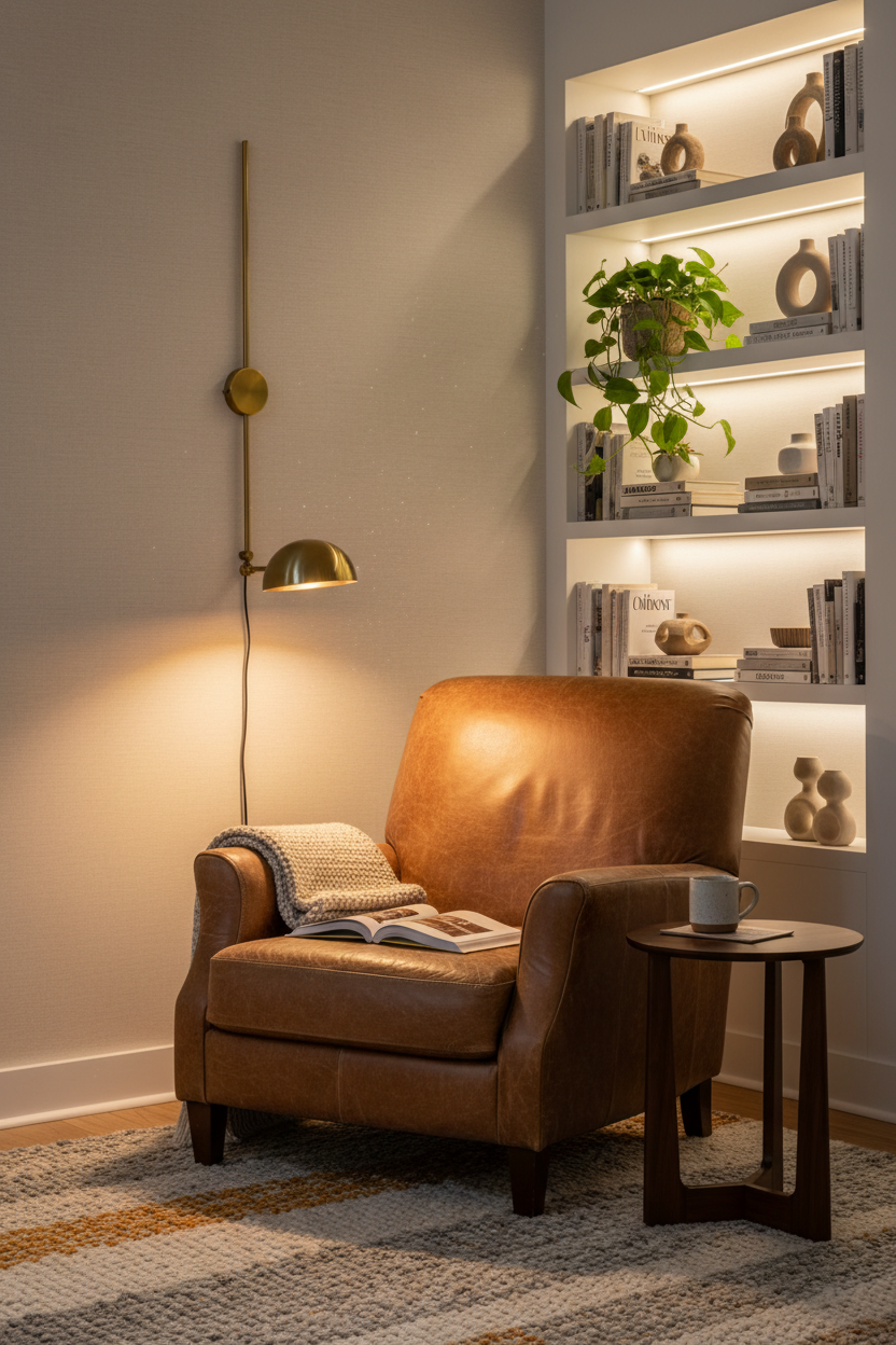 Solid brass bowl shade wall sconce with long vertical stem, round wall canopy, and extended arm for bedside or reading lighting