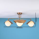 Three-light brass ceiling fixture with frosted globes, 30-inch wide and 13-inch high dimensions.