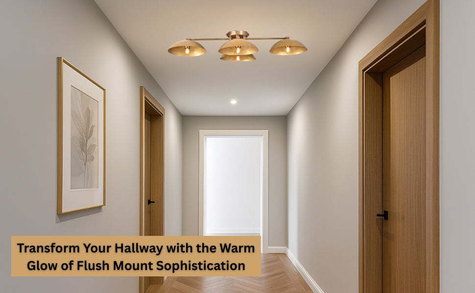 Bright hallway illuminated by a brass 4-light flush mount chandelier with modern wooden doors and framed art.