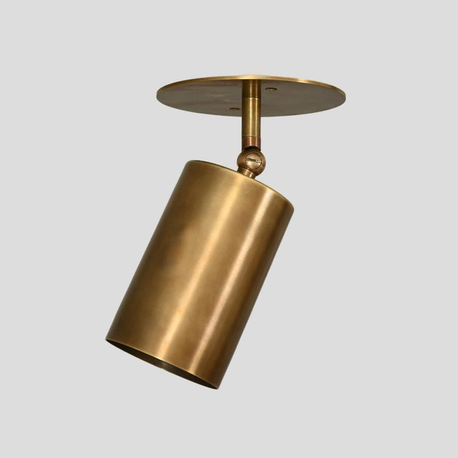 Adjustable brass ceiling spotlight with cylindrical shade in brushed finish for modern interiors