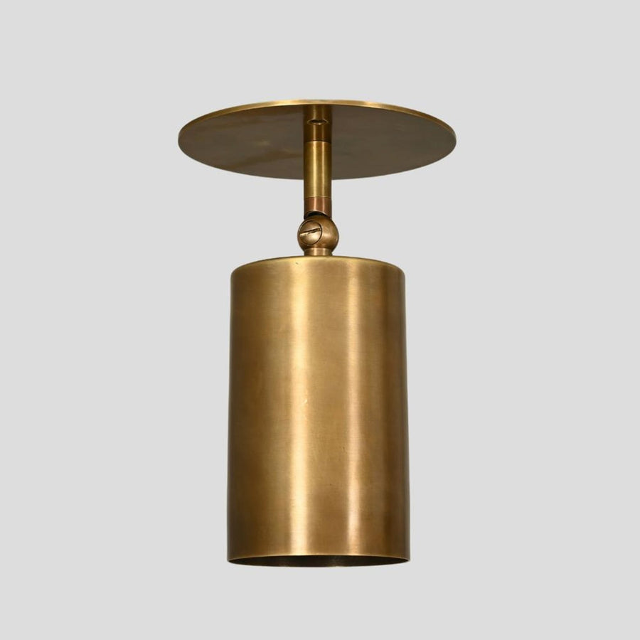 Adjustable brass ceiling spotlight with cylindrical shade in brushed finish for modern interiors