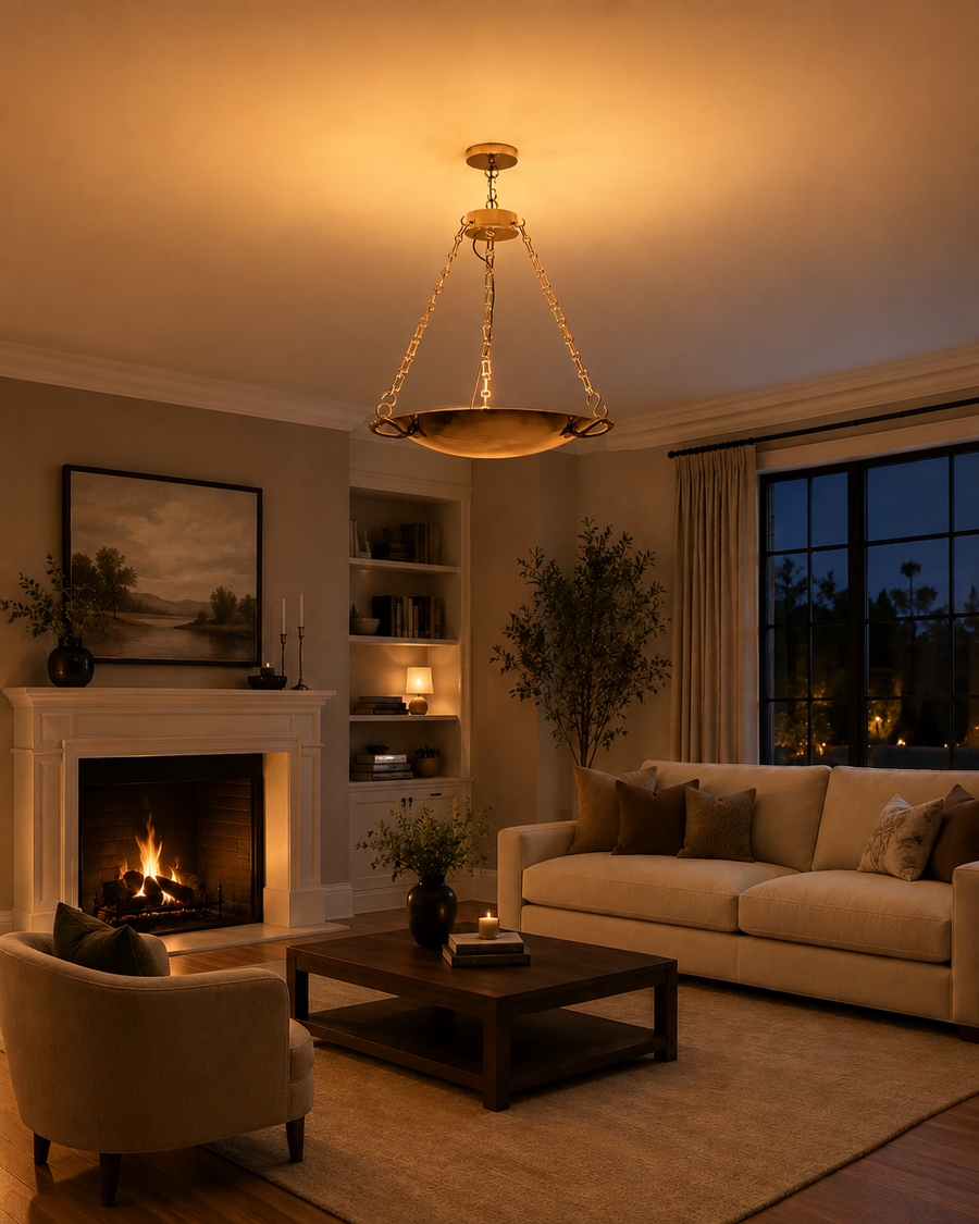 brass-chain-bowl-chandelier-entryway