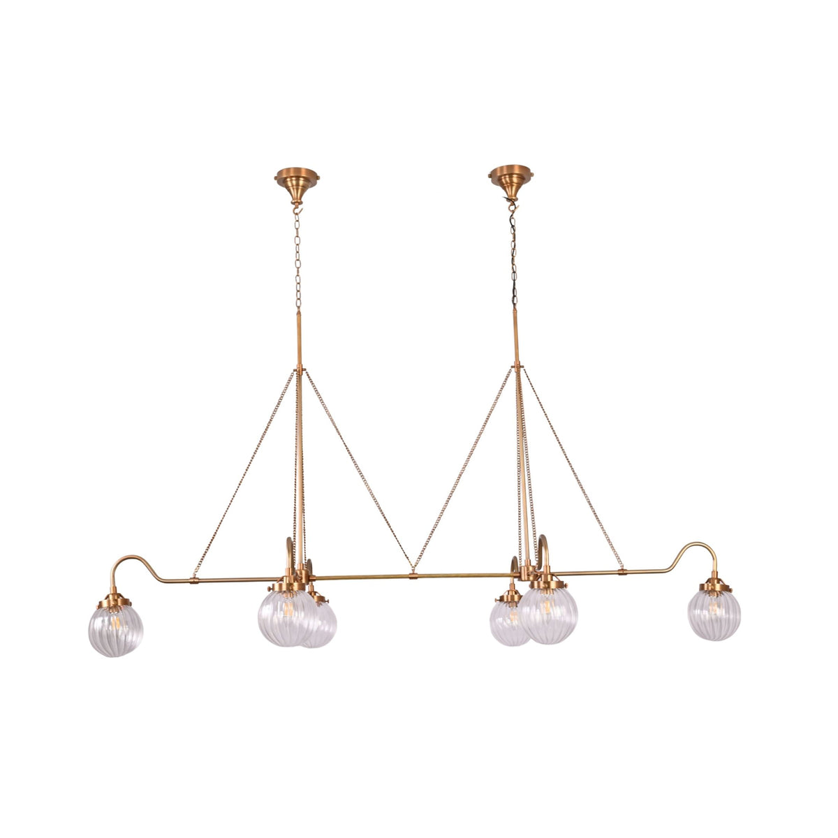 Chain suspended linear chandelier with dual ceiling canopies, brass rods, and six ribbed glass globe lights