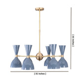 Mid-century modern brass chandelier with dual-cone shades, 31-inch width and height dimensions shown.