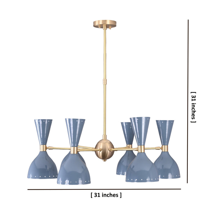 Mid-century modern brass chandelier with dual-cone shades, 31-inch width and height dimensions shown.