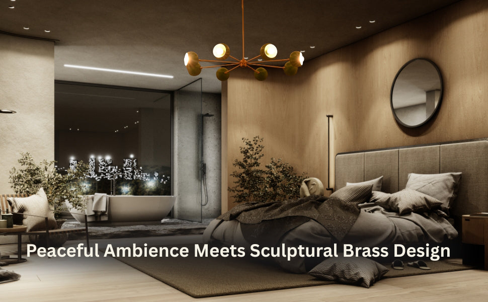 Sculptural brass chandelier lighting cozy bedroom with soft ambient glow