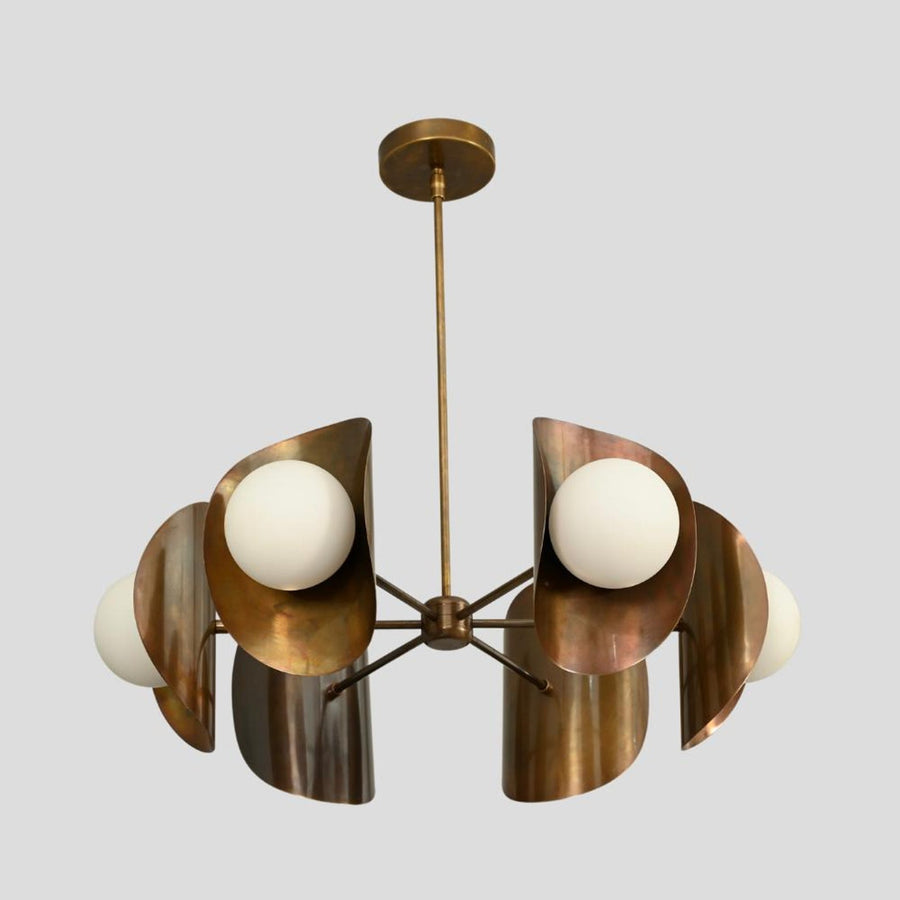 Handmade brass chandelier with bowl-shaped shades and frosted globes, modern industrial ceiling light by Brass Leaf Studio.