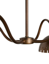 Detail view of curved brass arms and central canopy of handcrafted four light chandelier
