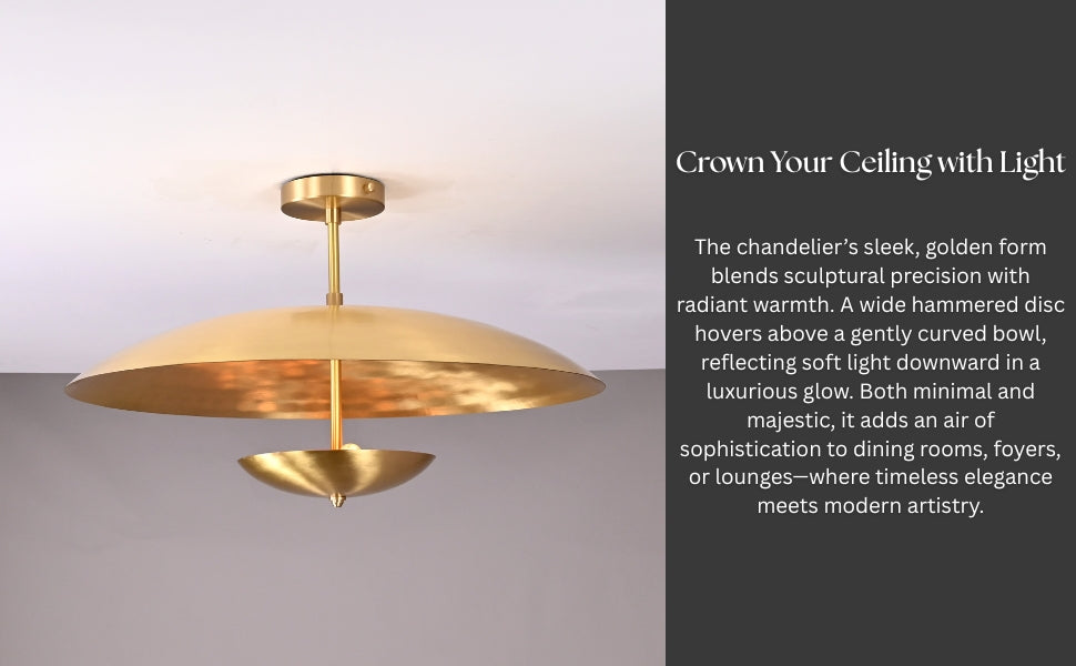 Graphic slide showing brass chandelier with detailed description highlighting elegance, artistry, and sculptural form