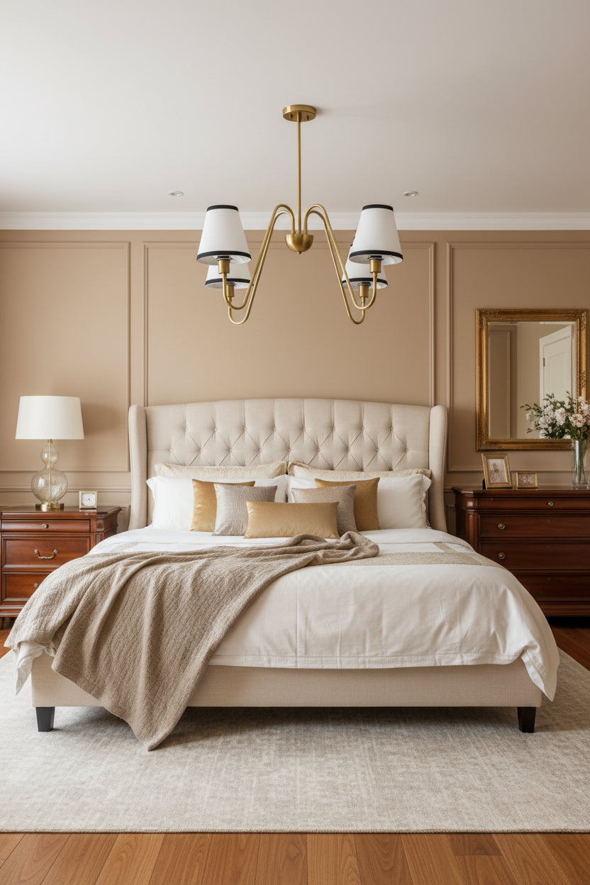 4-light brass fabric shade chandelier dimension image showing 38 inch width and 31 inch overall height