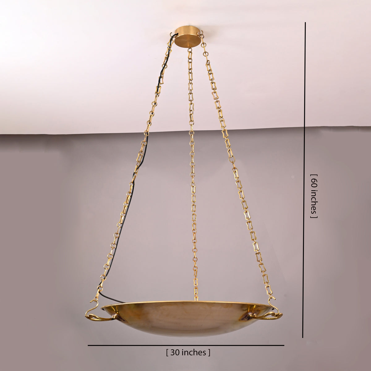 Chandelier dimension guide – 30-inch wide suspended brass bowl with 60-inch hanging chains
