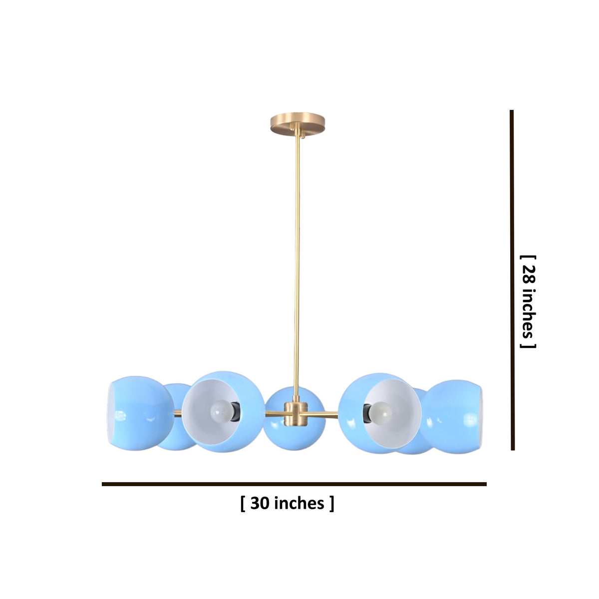 Modern brass chandelier with blue globe shades showing dimensions 30 inches by 28 inches.