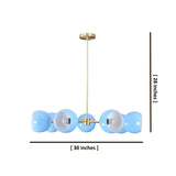 Modern brass chandelier with blue globe shades showing dimensions 30 inches by 28 inches.