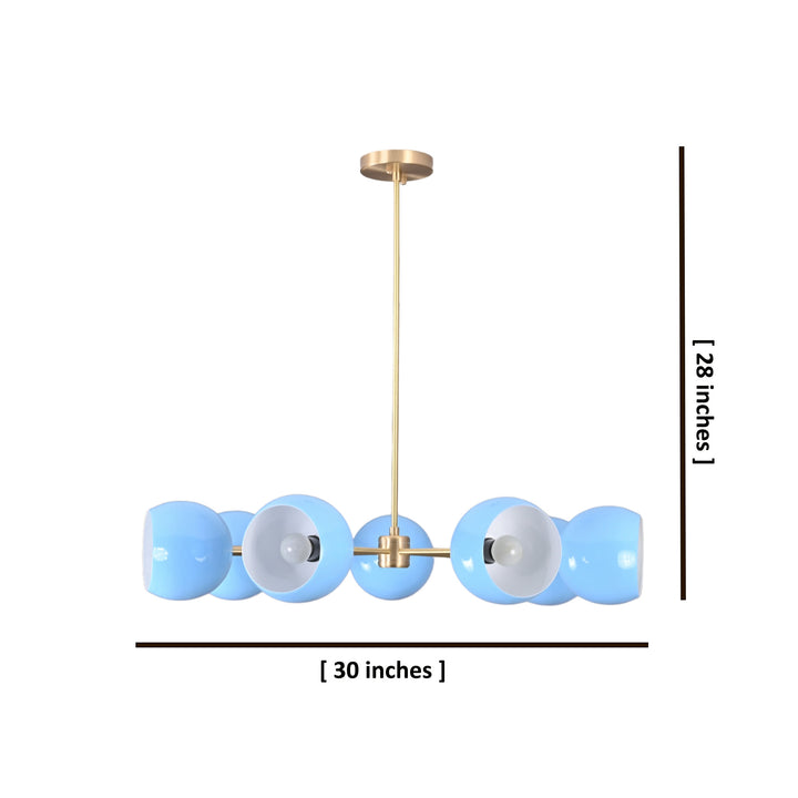 Modern brass chandelier with blue globe shades showing dimensions 30 inches by 28 inches.