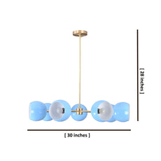 Modern brass chandelier with blue globe shades showing dimensions 30 inches by 28 inches.