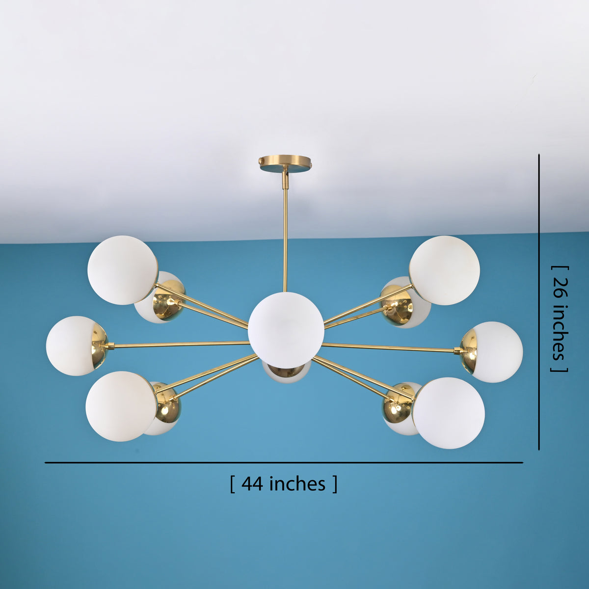 Brass chandelier with white glass globes and measurement dimensions displayed
