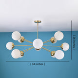 Brass chandelier with white glass globes and measurement dimensions displayed