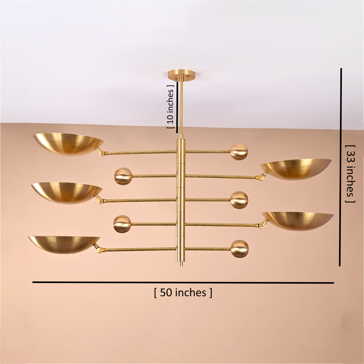 Dimensional view of handcrafted brass chandelier showing 50-inch width and 33-inch height