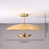 24-inch wide and 14-inch tall brass disc chandelier with size label, handcrafted pendant light with sleek industrial design