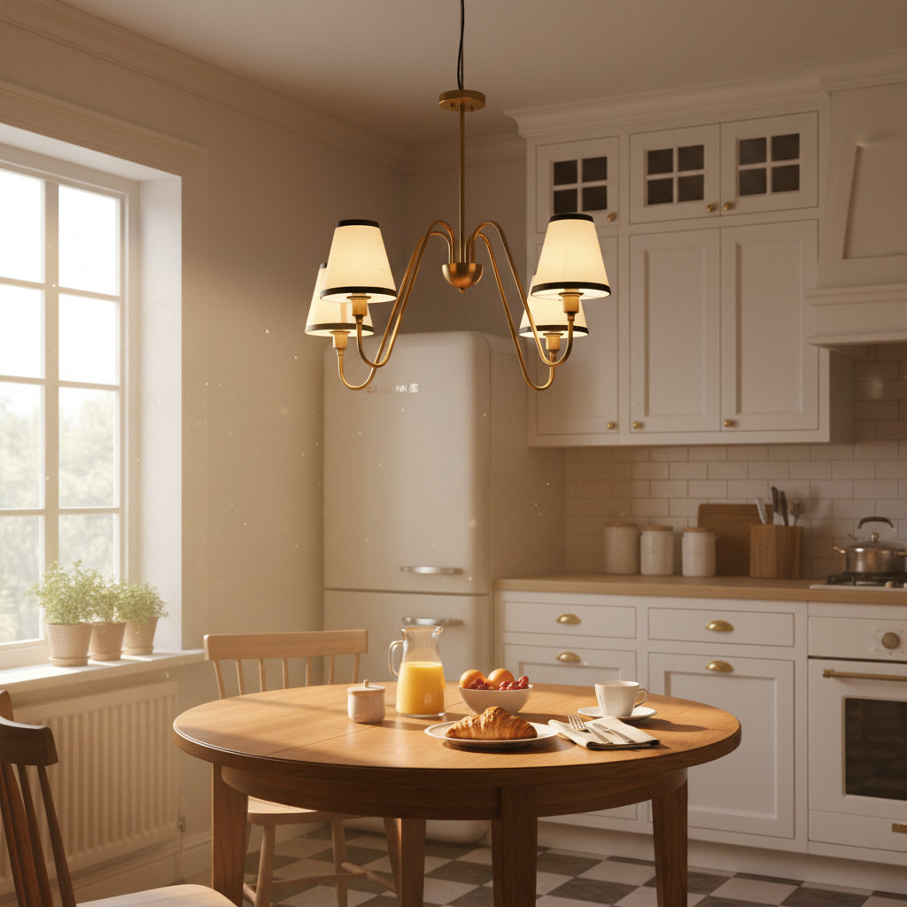 Detailed view of 4-light brass chandelier with elegant curved arms, cream fabric lampshades, and black trim accents