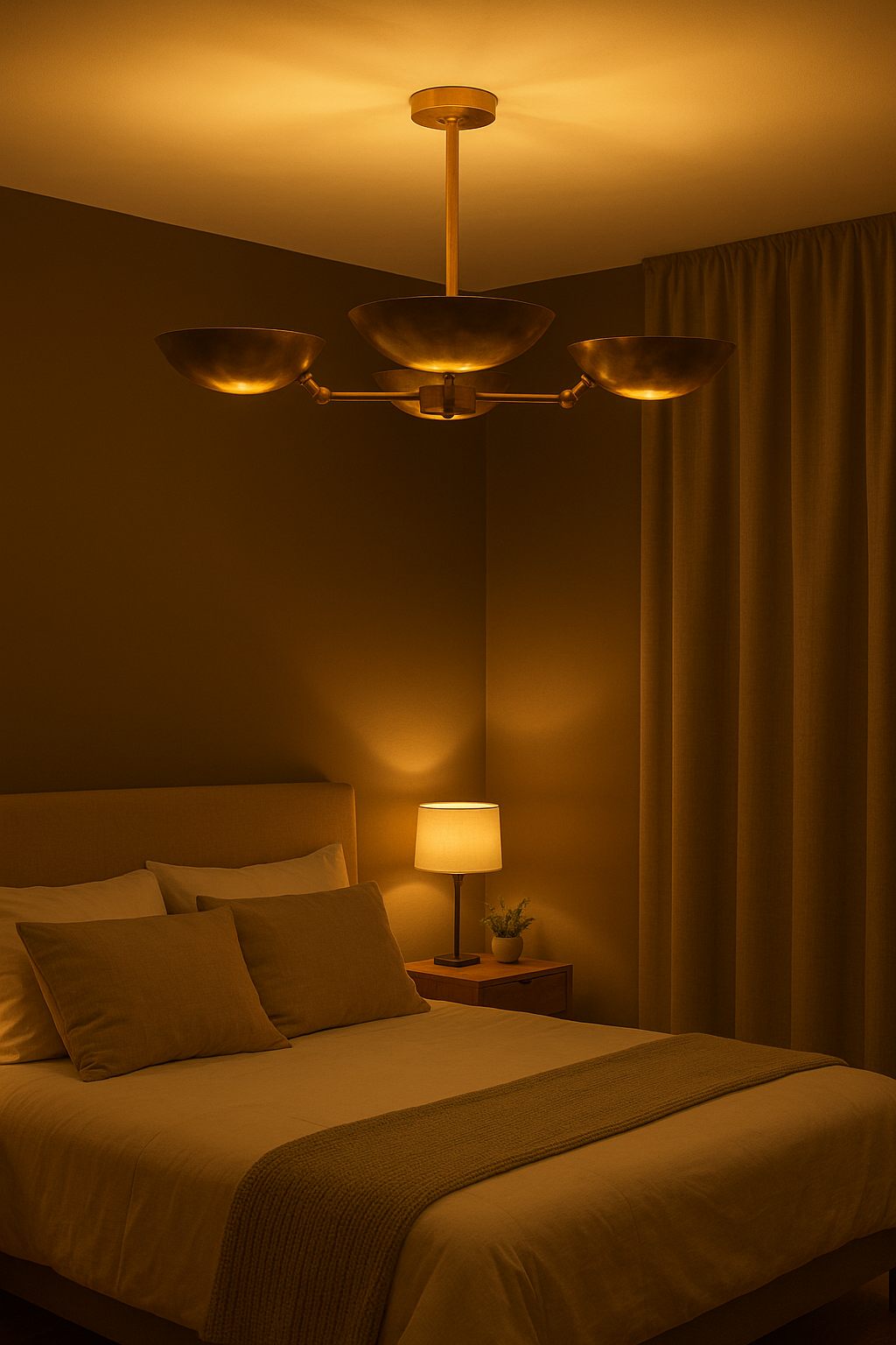 Bottom view of brass bowl chandelier casting ambient upward light with sculptural silhouette