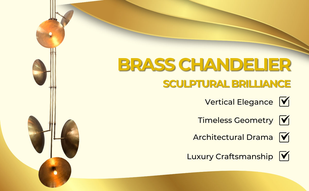 Tall brass disc chandelier as centerpiece in hotel lobby