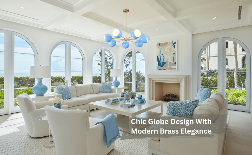 Contemporary bedroom with brass chandelier featuring blue globe shades and soft lighting