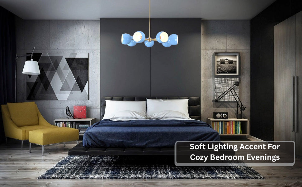 Contemporary bedroom with brass chandelier featuring blue globe shades and soft lighting.
