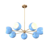 Modern chandelier with blue glass shades and gold metal accents on a white background