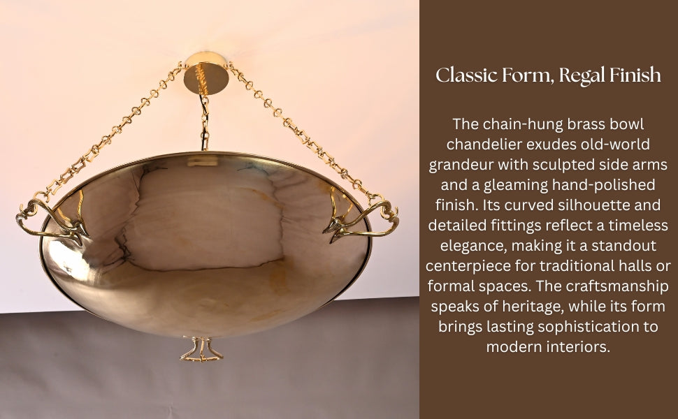 Warmly illuminated brass chandelier viewed from below, highlighting its polished finish