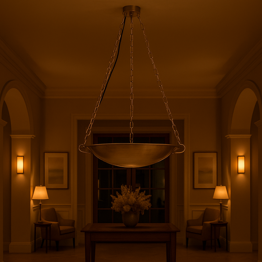 Suspended brass bowl chandelier with chain links and casted handles – front view on white background