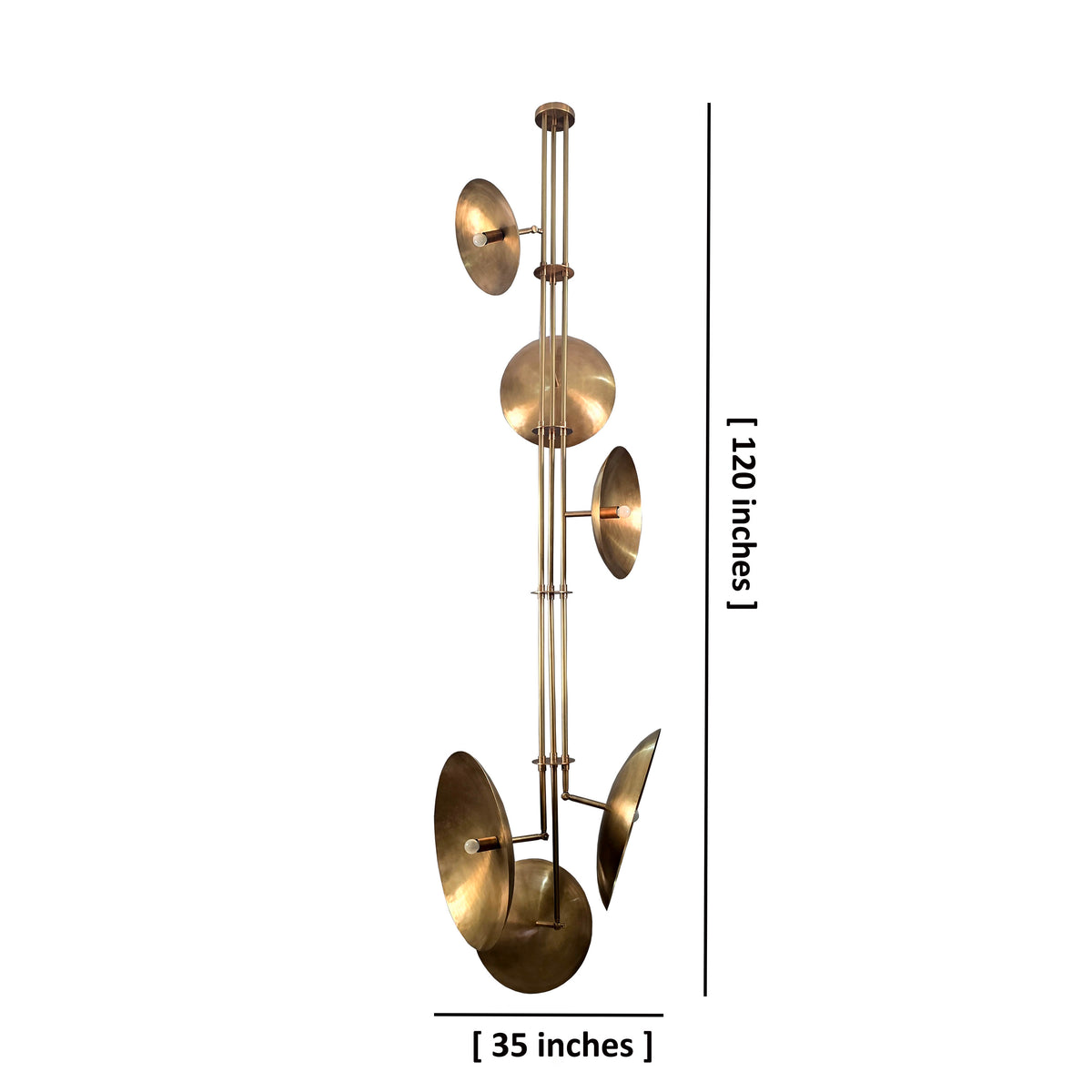 Dimensions of brass chandelier: 120 inches tall, 35 inches wide
