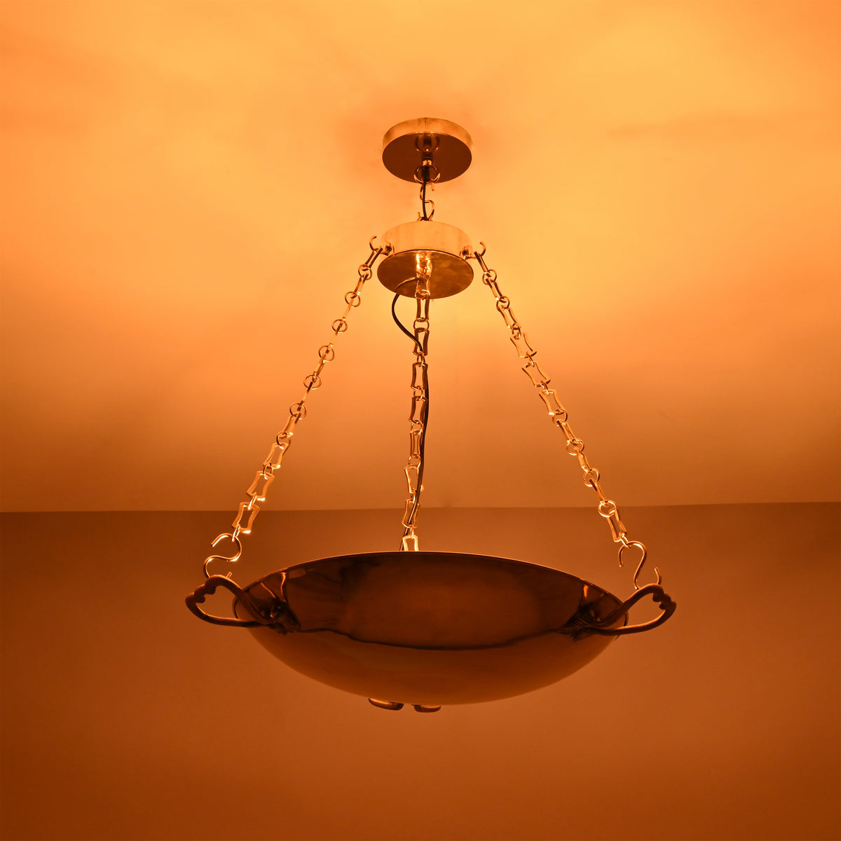 Brass chain bowl chandelier dimension view showing 29 inch height and 23.5 inch width for product size reference