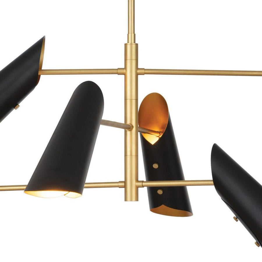Modern 6 light brass cone chandelier with matte black shades and brushed brass arms by Brass Leaf Studio