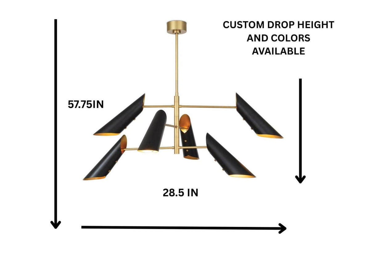 Dimension diagram of brass cone chandelier showing 28.5 inch width and 57.75 inch adjustable drop height
