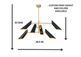 Dimension diagram of brass cone chandelier showing 28.5 inch width and 57.75 inch adjustable drop height