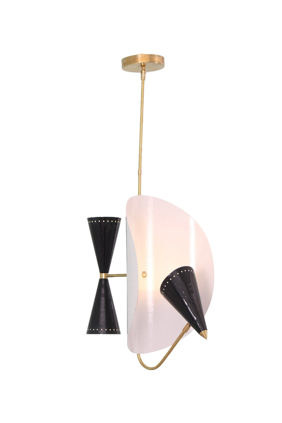 Modern 3 light brass cone chandelier with sculptural curved disc shade and black cone accents, mid century industrial pendant lighting